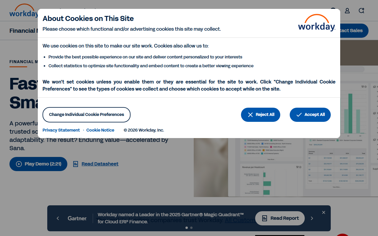 Screenshot of the Workday Financial Management vendor homepage