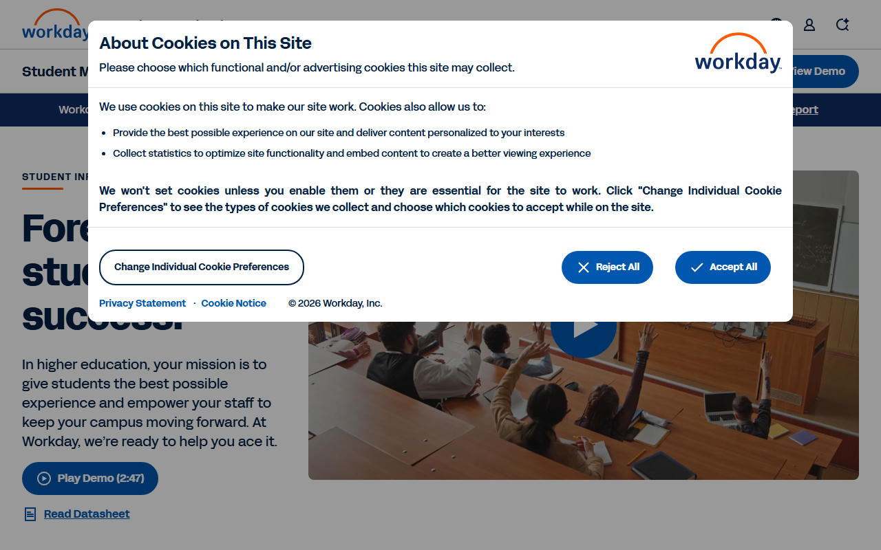 Screenshot of the Workday Student vendor homepage
